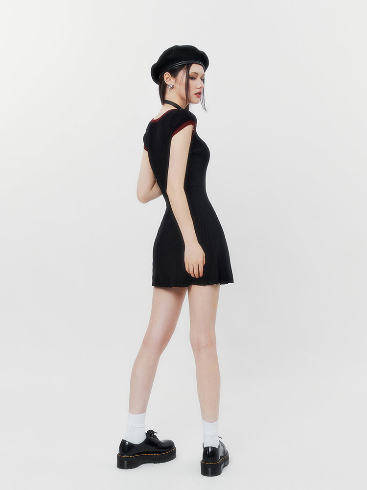 Summer Cherry Sweet Spicy Square Neck Knit Sling Dress