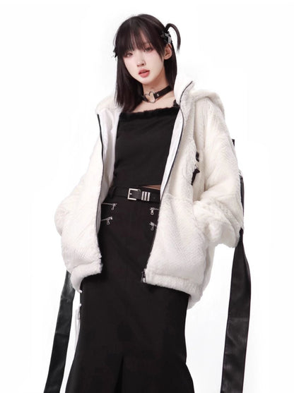 Fast Snow Original Back Ribbon Hoodie Fur Coat Top Skirt