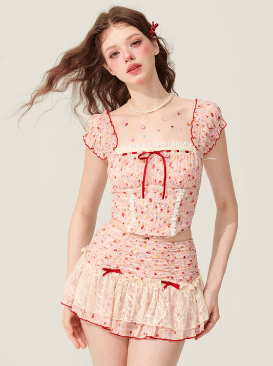 31 mai à 20 heures] Shaoye Eye Sweet Tea Rose Summer Suit Women's Short Sleeve Top Lace Skirt
