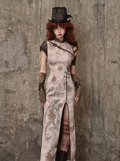 Retro Punk Strap Dragon Embroidery Chinese-Style Slit Dress Belchic Retro Punk Strap Dragon Embroidery Chinese-Style Slit Dress Belchic