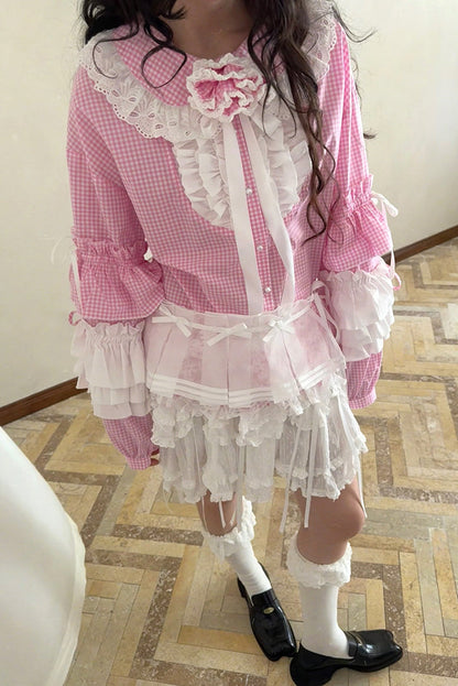 Camisa de patchwork con cuadrícula rosa muñeca