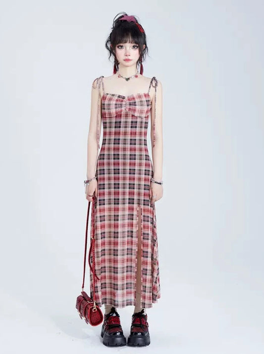 11SH97 Retro Red Check Slip Dress Women's Summer Design Sweet Slit Waist Slim Long Skirt