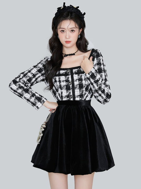 スクエアネックシックフレアラインベルベットワンピース