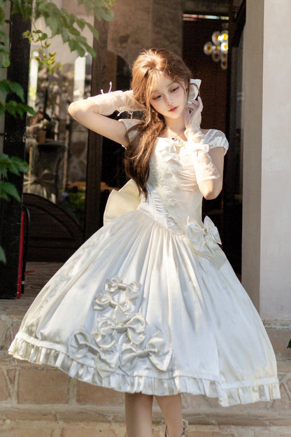 [Pre-order Deadline: August 8] Elegant Silver Satin Lolita Romantic Ribbon Dress Set