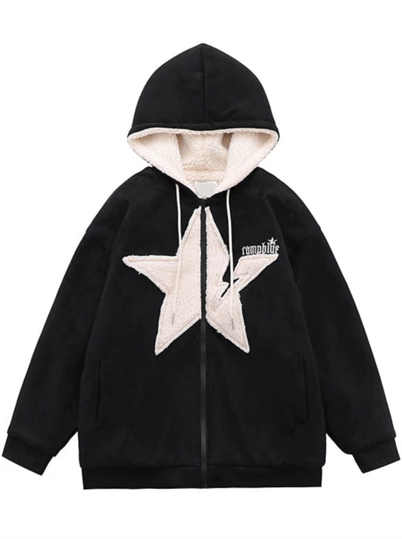 Suede Star Hooded Plus Velvet Sweatshirt Jacket