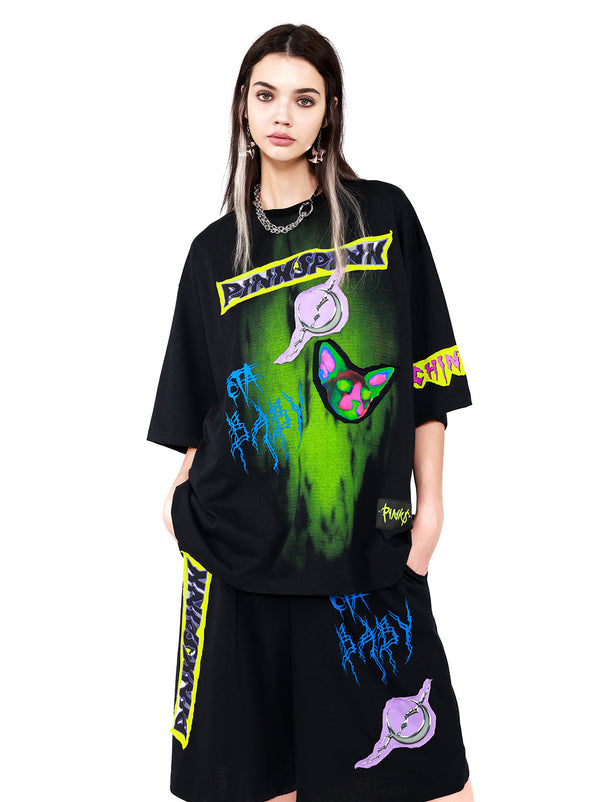 Electric Muongraphic Cat Print Street T -shirt + Short Pants