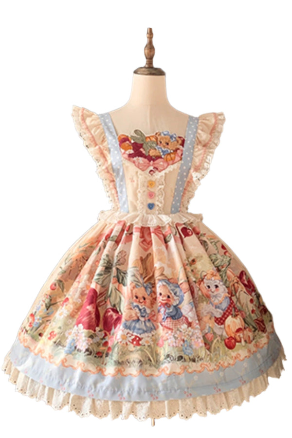 [Pre-order] Carrot Print Layered Dress + Suspender Dress + Apron