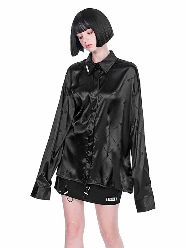 Shiny Satin Skull Logo Jacquard Black Shirt + Metal Cloth Gray Tie