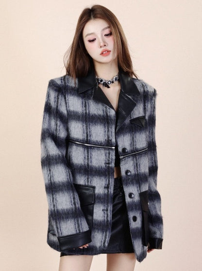 Retro 2wey high end coat wool check coat jacket