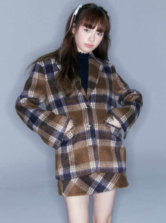 Caramel Check Bag Ribbon Jacket + Tight Skirt