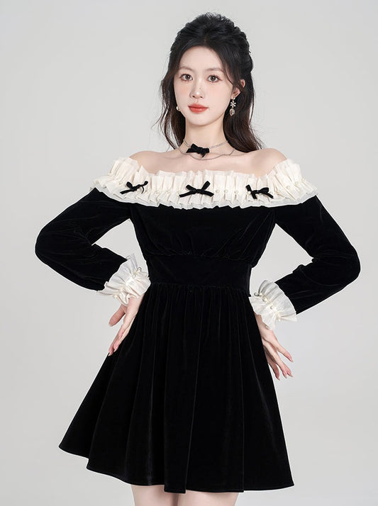 フリルリボンオフショルベルベットワンピース