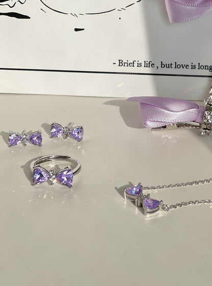 Purple crystal ring + necklace + earrings