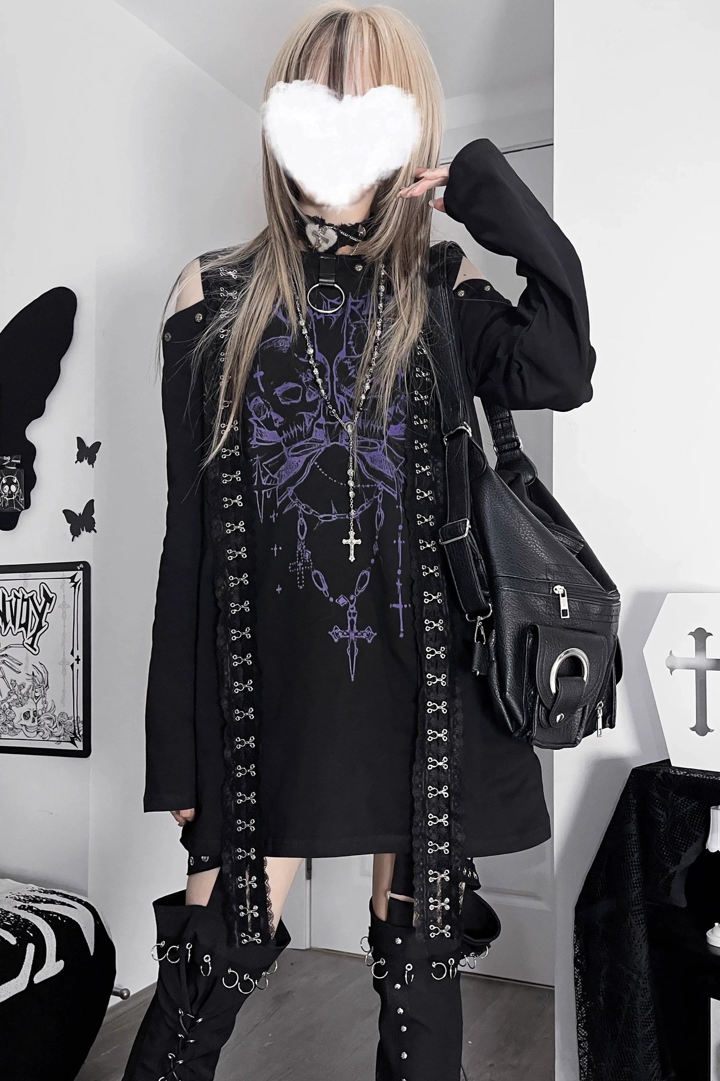 ダブルスカルサブカルチャーダークルーズオフショルダートップス