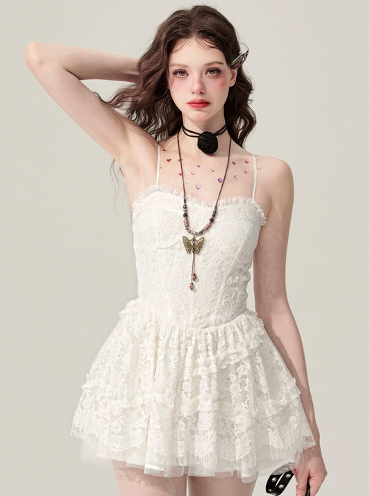 [May 31st 20 o'clock sale] less eyes Milky Way daytime white lace fairy dress women's summer suspenders
