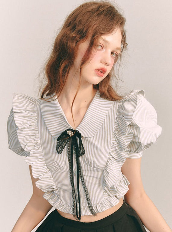 Striped frill lace ribbon shirt