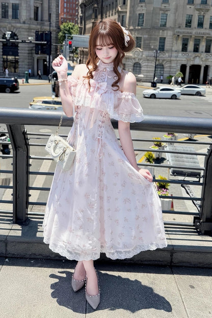 【6月15日予約締切】ピンクフローラルシフォンレースジュエルリボンオープンショルダーロングドレス