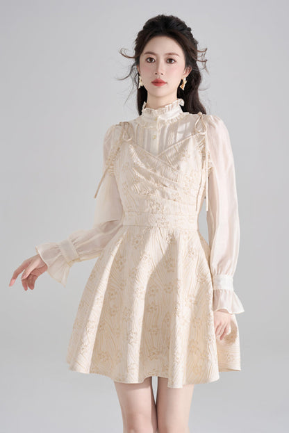 Vestido francés con cuello halter y escote en V + Camisa + Cárdigan