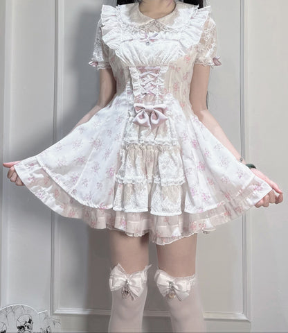【9月2日予約締切】Romantic Pink Floral Layered Lace Dress＋Matching Shorts ＋ Bow Hairclips ＋ Bow Tie[Full set]