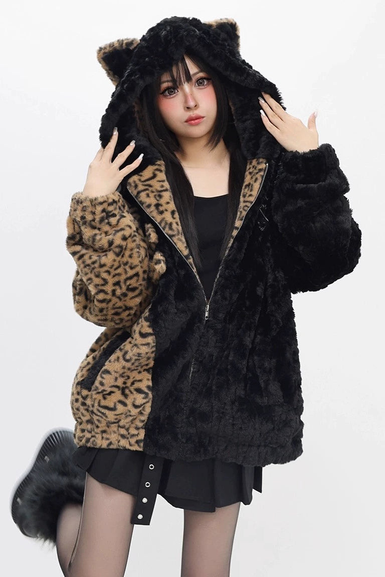 Leopard cat ear hood coat