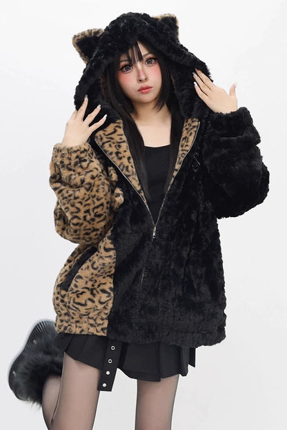 Leopard cat ear hood coat