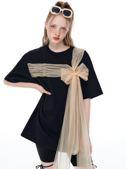 Long Sheer Bow Loose T-shirt