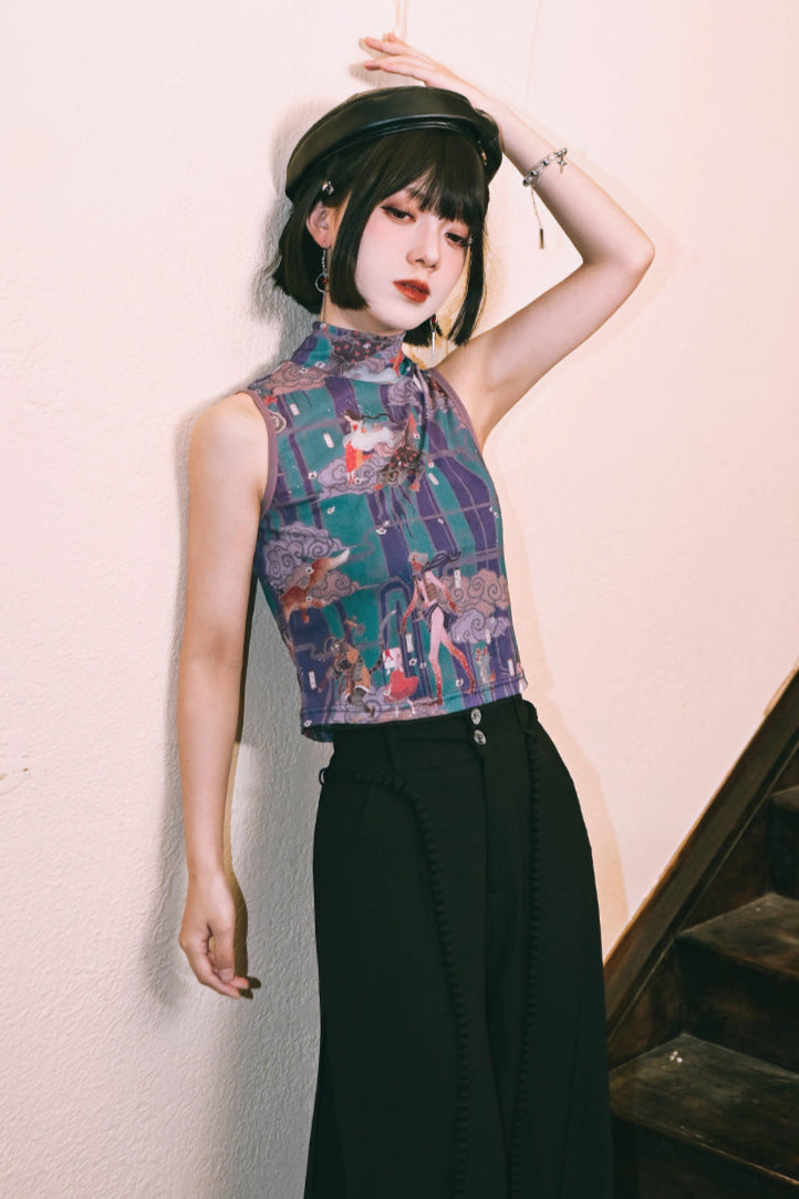 プリントメッシュハイネックノースリーブトップス