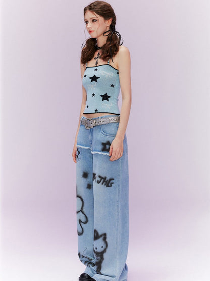 Blue Camisole Top + Skirt + Spray Art Denim Pants