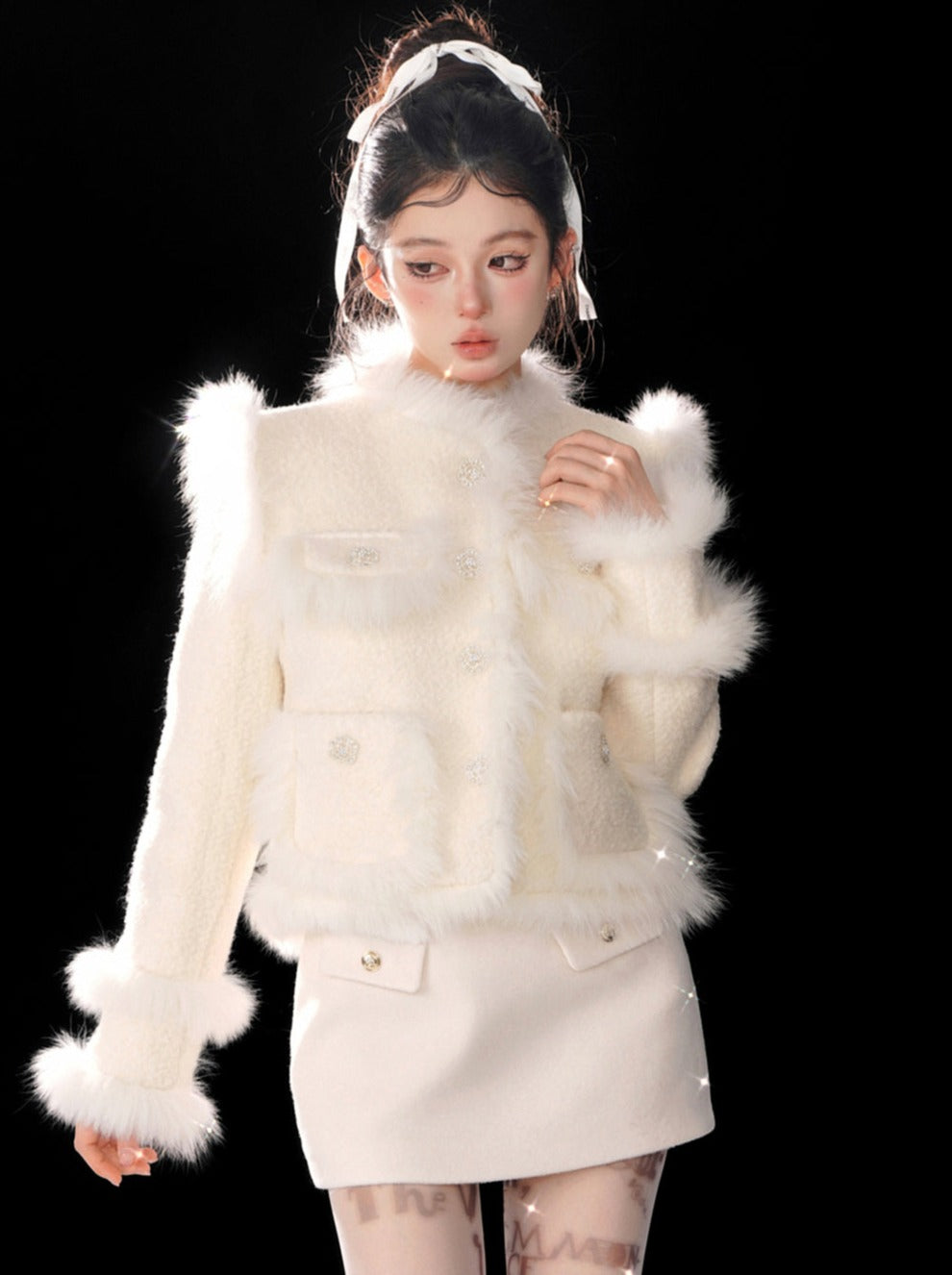 Sweet Tea Snow Fox Fur Apricot Tweed Jacket [Reserved Item].