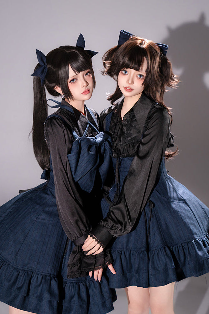 【12月29日予約締切】ゴシックロリータダークカラーストライプバッククロスフリルサスドレス