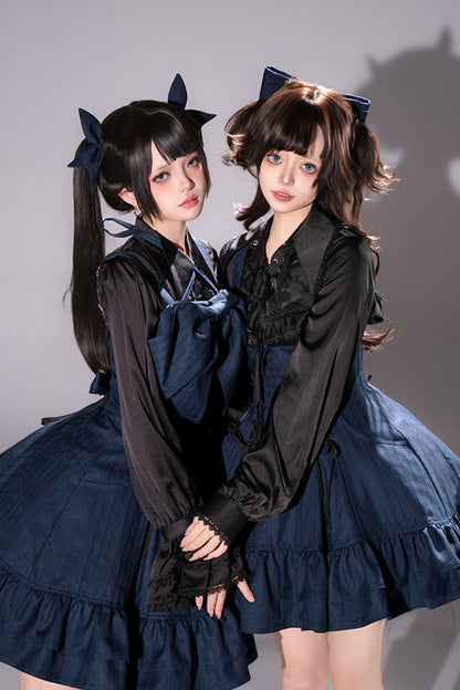 【12月29日予約締切】ゴシックロリータダークカラーストライプバッククロスフリルサスドレス