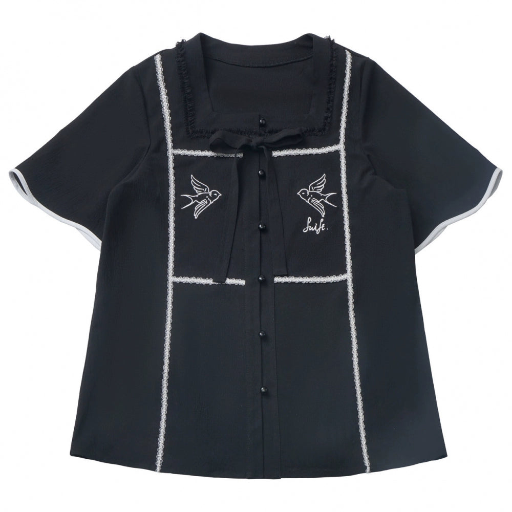 ダークモードスクエアネックカーディガン+シャツ+ロングスカート