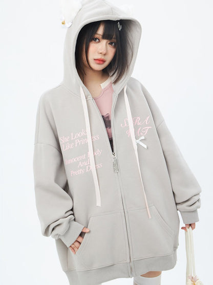 Ribbon Logo Cat Zipper Hooded Hoodie