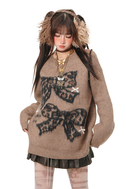 Coffee Color Leopard Bow Knit Sweater