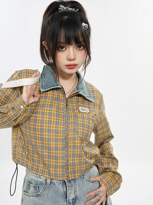 Retro Denim Check Zipper Jacket