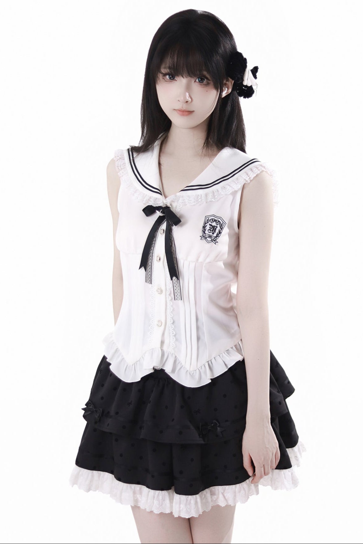 Cárdigan Dark Kawaii con cordones + Top marinero sin mangas + Falda