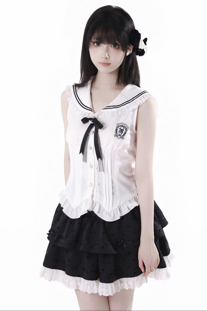 Cárdigan Dark Kawaii con cordones + Top marinero sin mangas + Falda