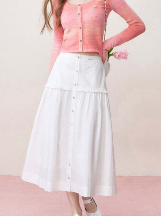 White flared skirt with center button design