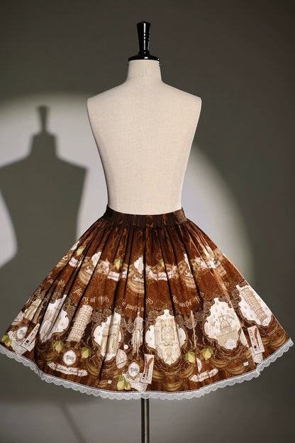 [Pre-order Deadline: November 6] Navy Blue/Brown Classic Italian Travel Diary Lolita Vintage Print Skirt
