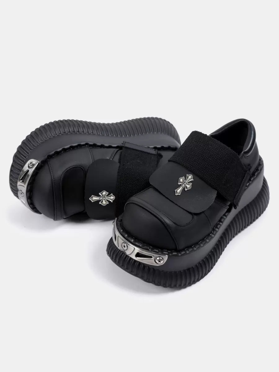 Metal Punk Cross Velcro Leather Platform Shoes