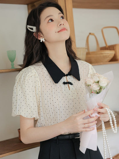 Retro China Buckle Design Dot Summer Shirt