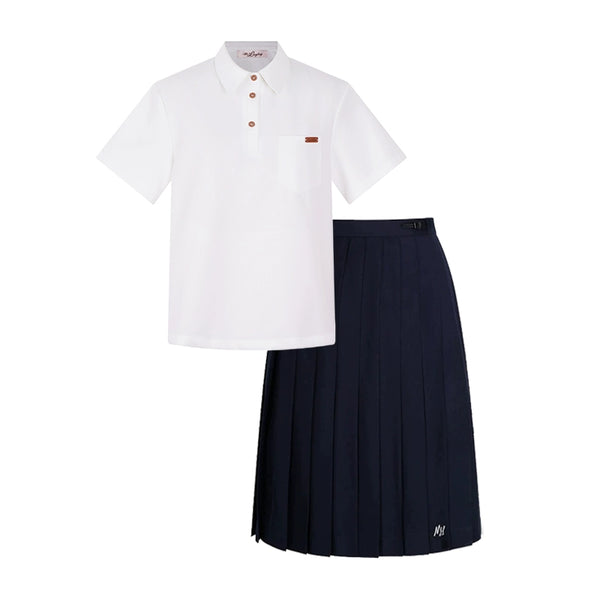 カレッジポロカラーシャツ＋ストライプシャツ＋プリーツショートスカート＋ベーシックロングスカート