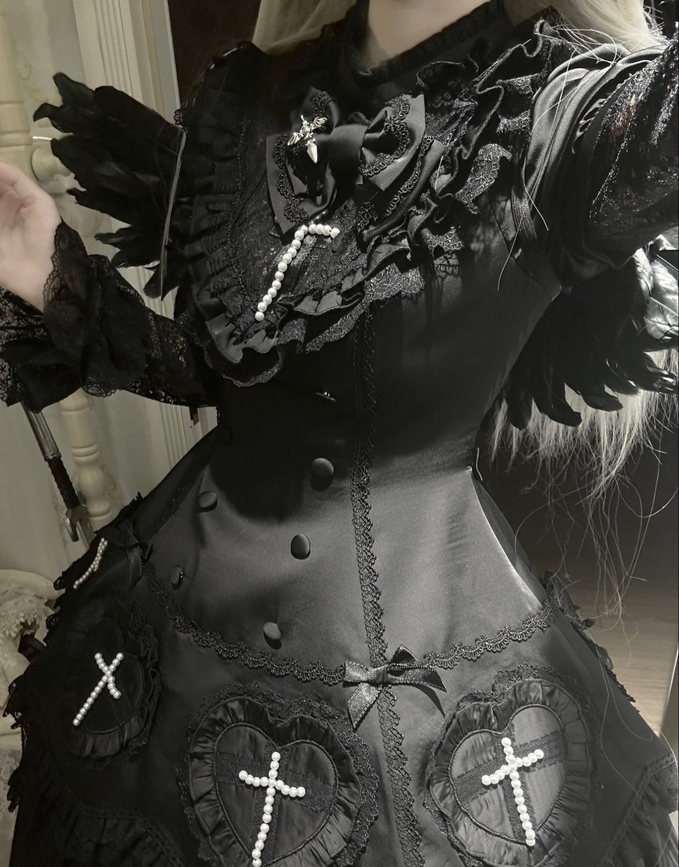 【12月6日予約締切】Night Crossダークエレガントゴシックロリータジュエルリボンケープ＋ショートドレス