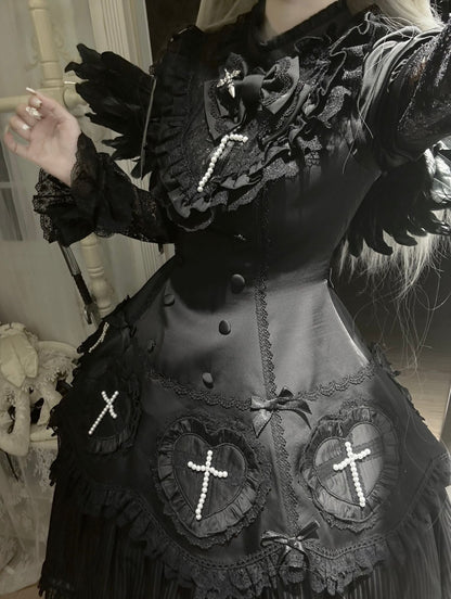 【12月12日予約締切】Night Crossダークエレガントゴシックロリータジュエルリボンケープ＋ロングドレスセット