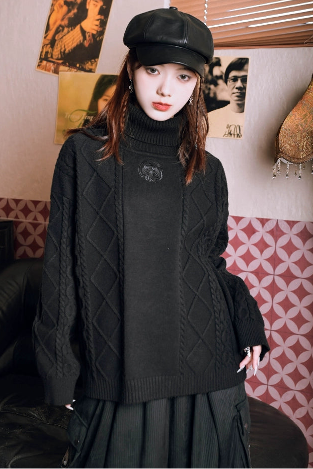Golden Crow Black Turtleneck Top