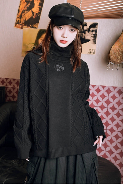 Golden Crow Black Turtleneck Top
