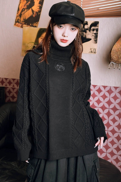 Golden Crow Black Turtleneck Top