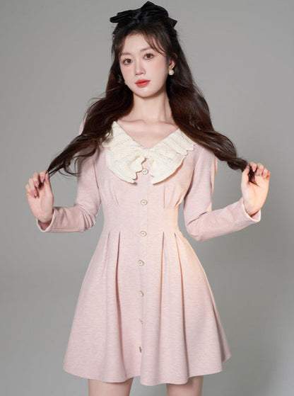 White Ribbon V-Neck Pink High-End Slim Waist Dress