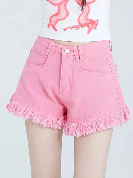 11SH97 Raw fringed denim shorts women's summer design sense pink A-line high-waisted thin sweet hot pants