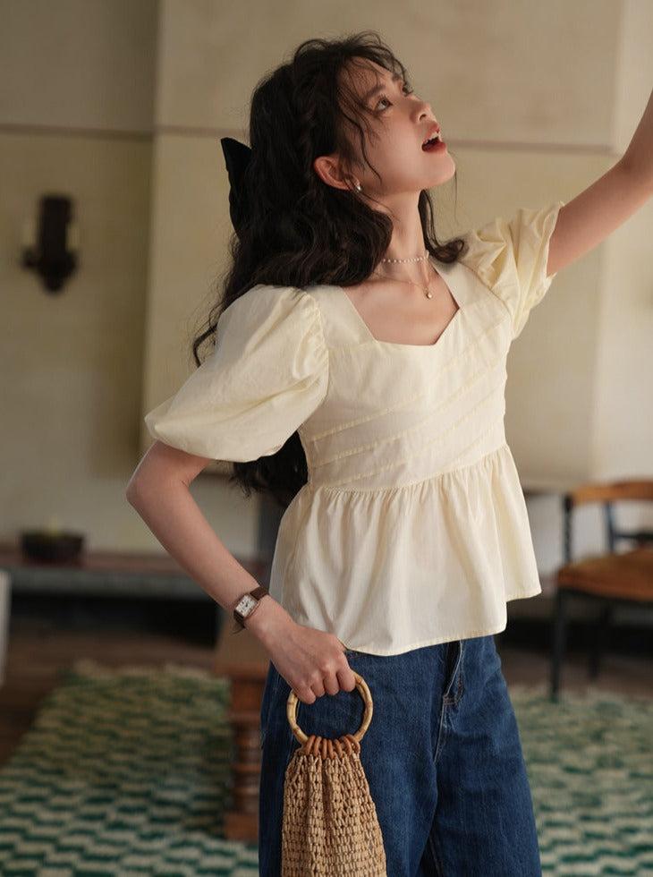 Square color puff sleeve shirt