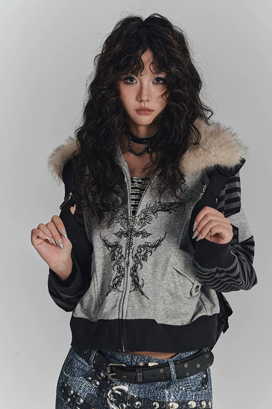 ファーカラーーパッチワークショートジャケット